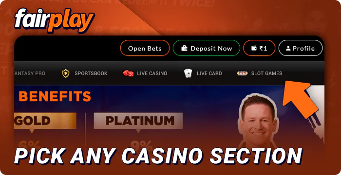 Choice of casino sections on the FairPlay website