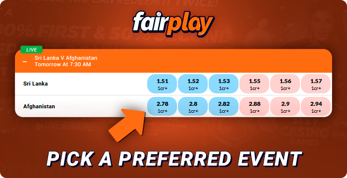 Selecting a bet for a match on FairPlay