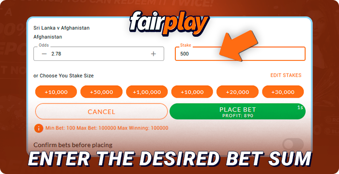 Enter the amounts to bet in FairPlay