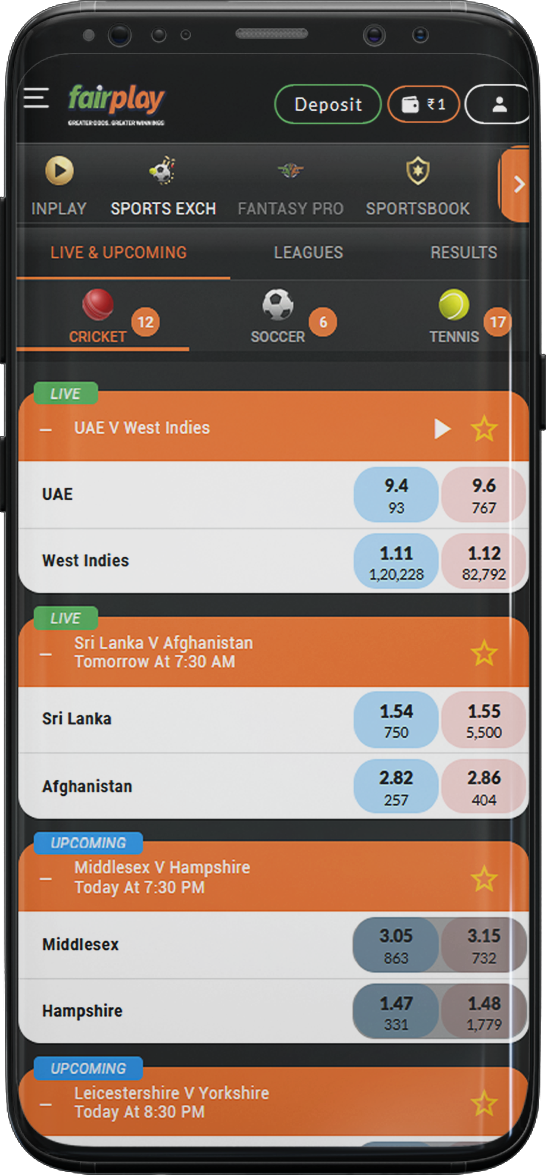 Screenshot of betting section in the FairPlay app