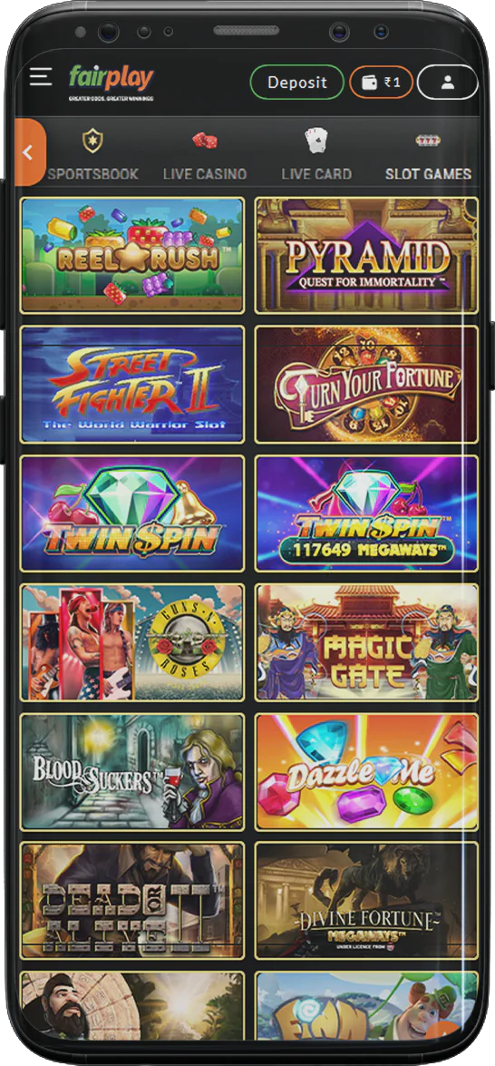 Screenshot of casino section in the FairPlay app