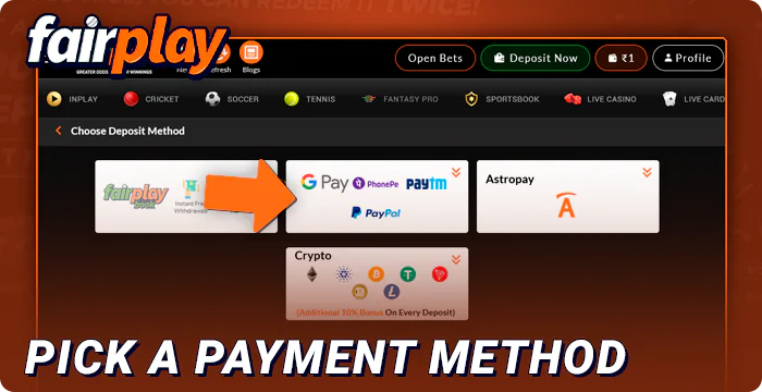 Choice of payment methods for FairPlay deposits