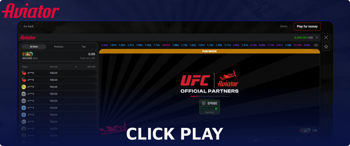 Click PLAY in Aviator demo mode